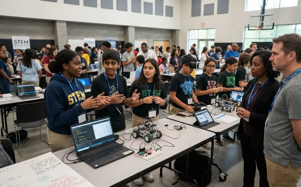 Students presenting technology projects at a Fulton County technology competition