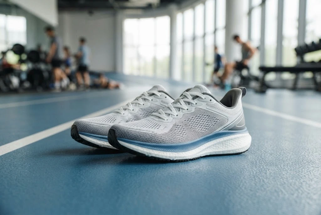 GMDJD sport shoes displayed on an indoor gym floor