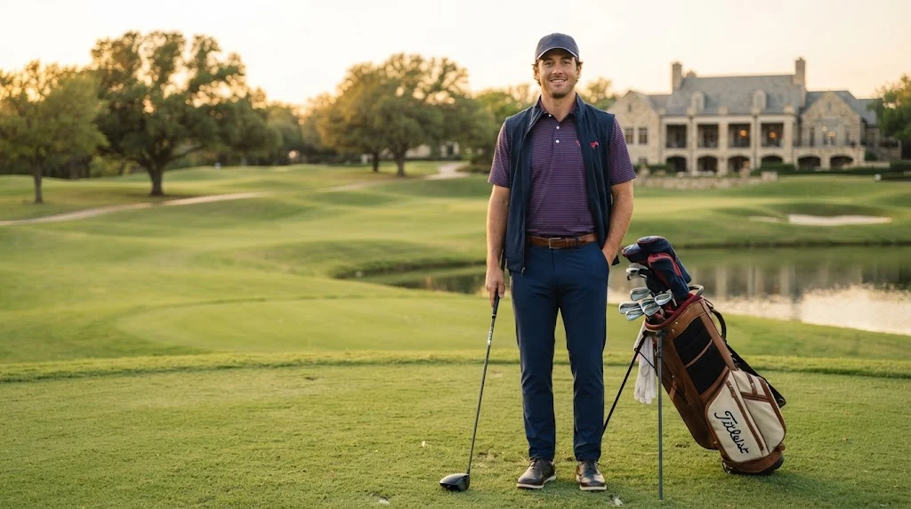 SMU Peter Millar inspired collegiate golf apparel on a golf course