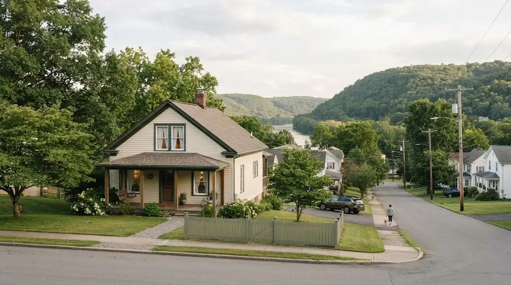 Traditional Pennsylvania home near the wooded Allegheny River landscape in Tidioute