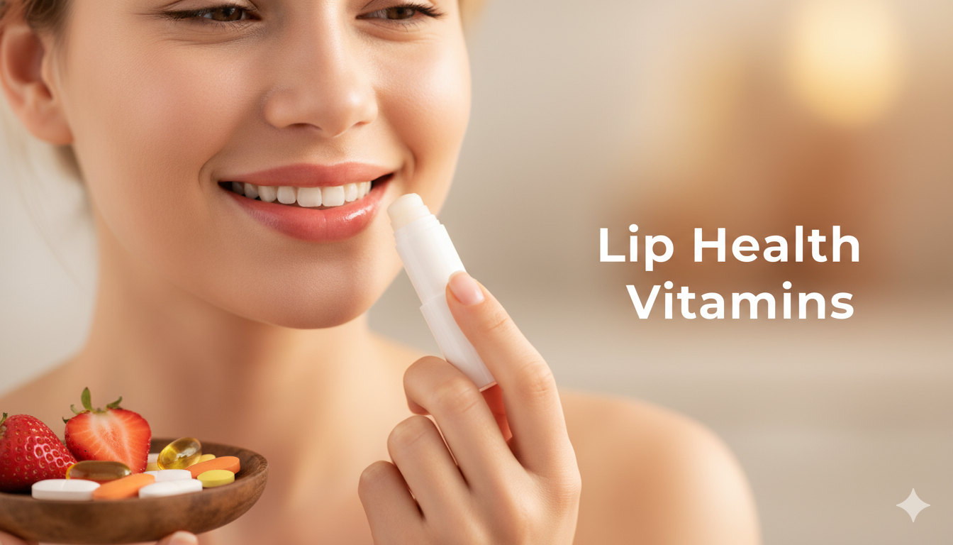 Woman applying lip balm with vitamins nearby, showing soft and healthy lips