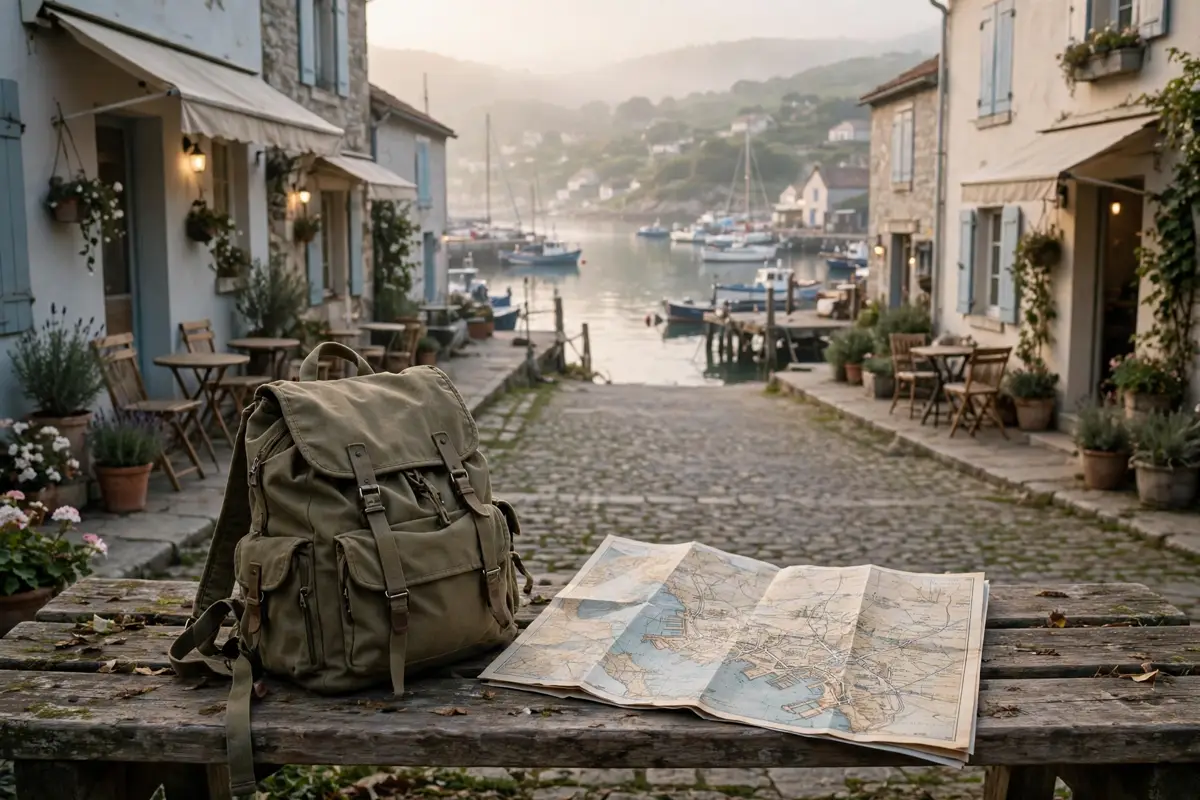 Budget-friendly weekend getaway — a small coastal town street with a backpack and map on a bench
