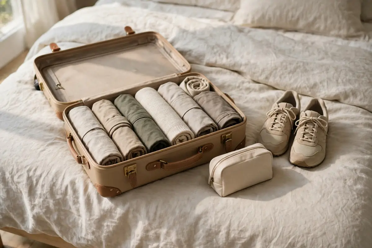 How to pack light for a week-long trip — an open suitcase with rolled clothes, a toiletry pouch and walking shoes